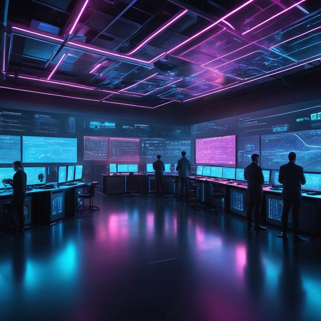 A futuristic data center filled with glowing servers and holographic displays, showcasing various hosting options and scalability features. In the foreground, a diverse team of professionals collaborates, analyzing cloud diagrams and performance metrics on digital screens. The atmosphere is vibrant and tech-savvy, emphasizing innovation and reliability in hosting solutions. neon colors. cyberpunk style.