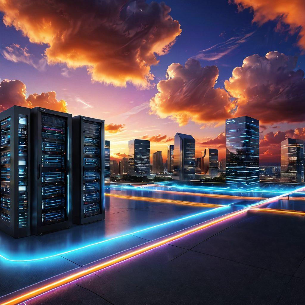 A sleek, modern digital landscape featuring diverse hosting solutions represented as interconnected buildings, servers, and cloud structures, under a vibrant sunset sky. Include dynamic elements like flowing data streams and icons symbolizing various technologies (e.g., websites, apps, security). The overall theme should convey innovation and growth in the digital realm. super-realistic. vibrant colors. 3D.