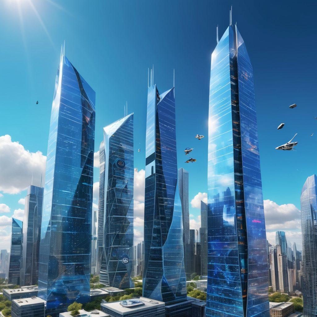 A futuristic digital landscape showcasing prominent web hosting company logos as towering skyscrapers, each representing a different aspect of web management, with a bright blue sky and floating holographic elements. In the foreground, diverse people of various professions (developers, designers, business owners) are collaborating and connecting with digital devices, symbolizing innovation and teamwork. The scene is energetic and vibrant, capturing the essence of technological advancement. super-realistic. vibrant colors. 3D.